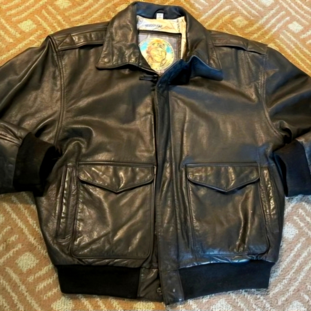 Durkees Expeess Flight Jacket Leater with a mission